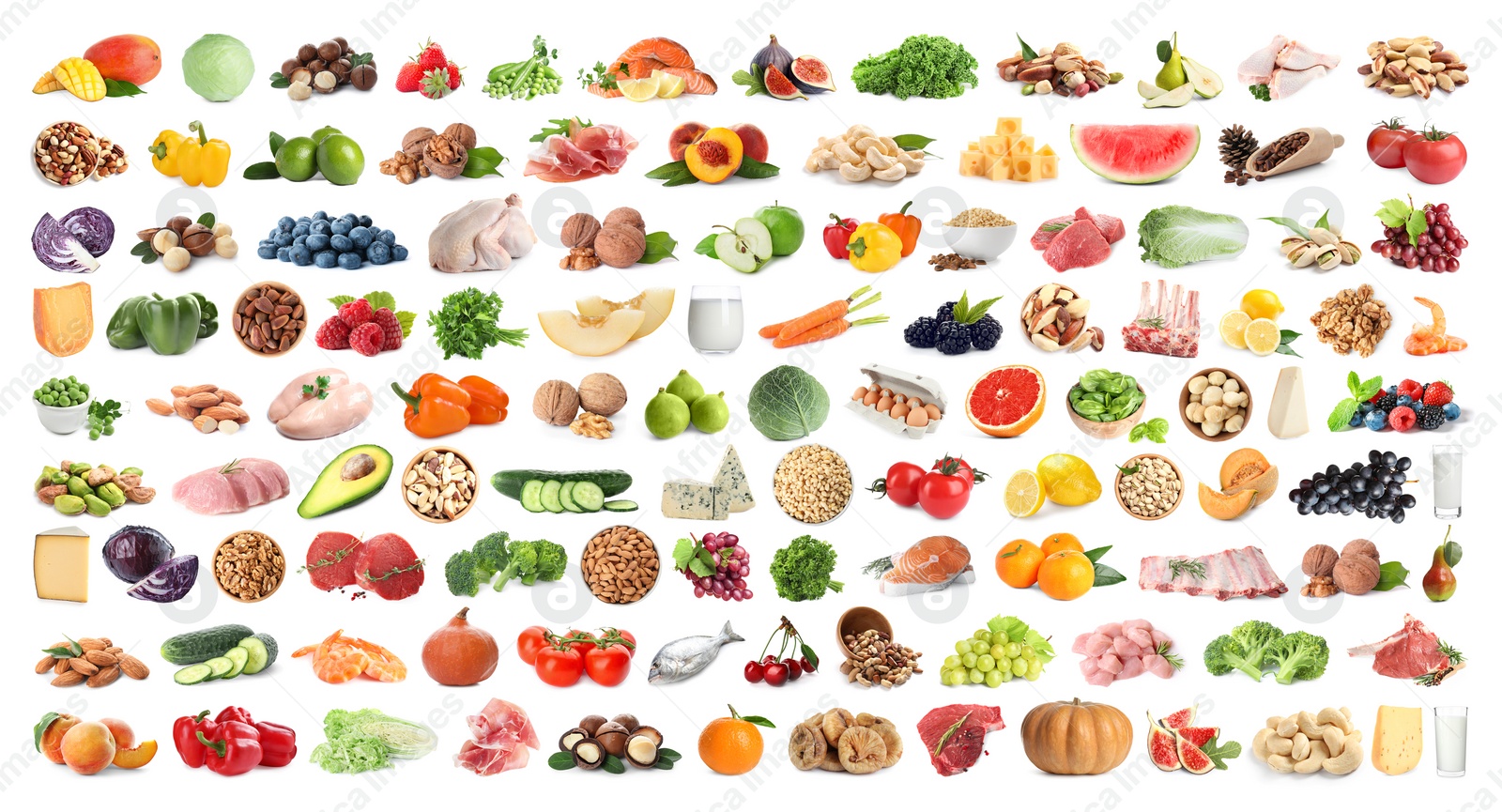 Image of Set of different food on white background. Banner design