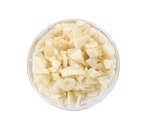 Photo of Pieces of fresh garlic in bowl isolated on white, top view