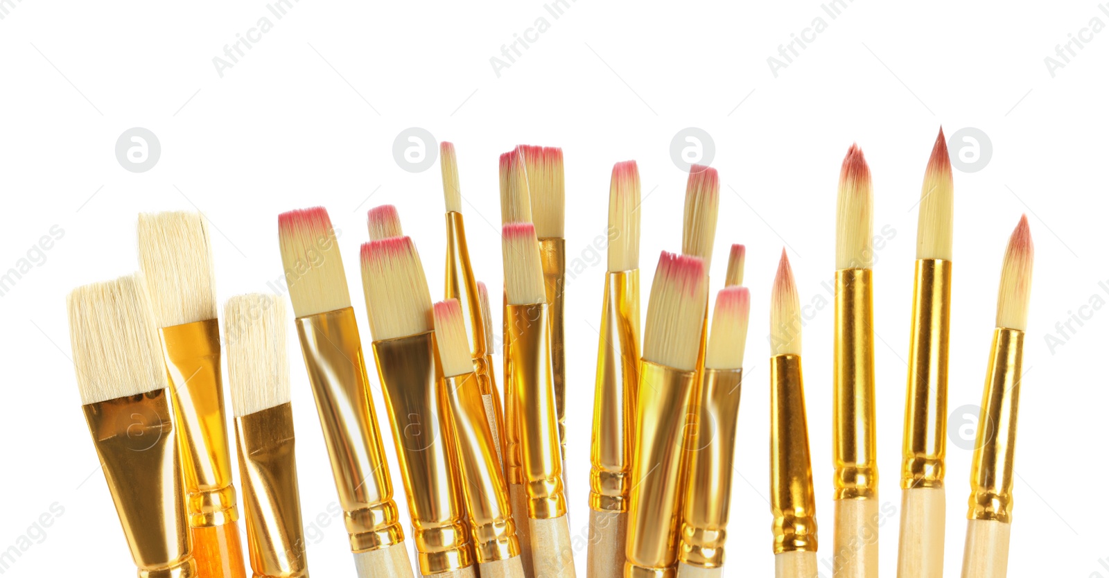 Image of Set of different paintbrushes on white background. Banner design