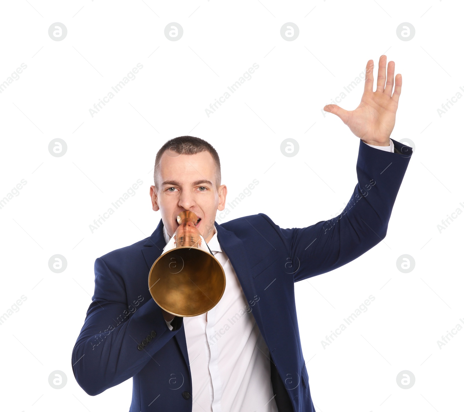 Photo of Young emotional businessman with megaphone on white background