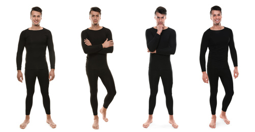 Image of Collage of man wearing thermal underwear isolated on white