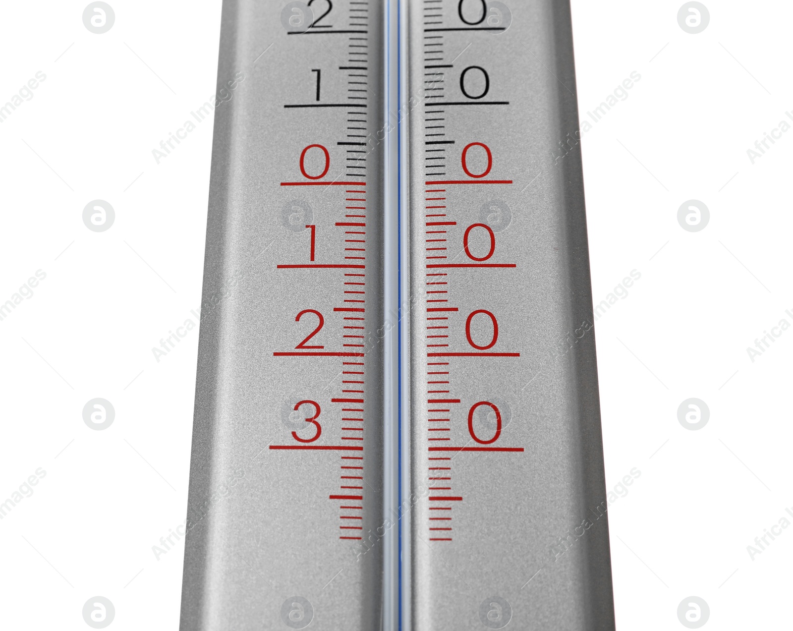 Photo of Modern grey weather thermometer on white background, closeup