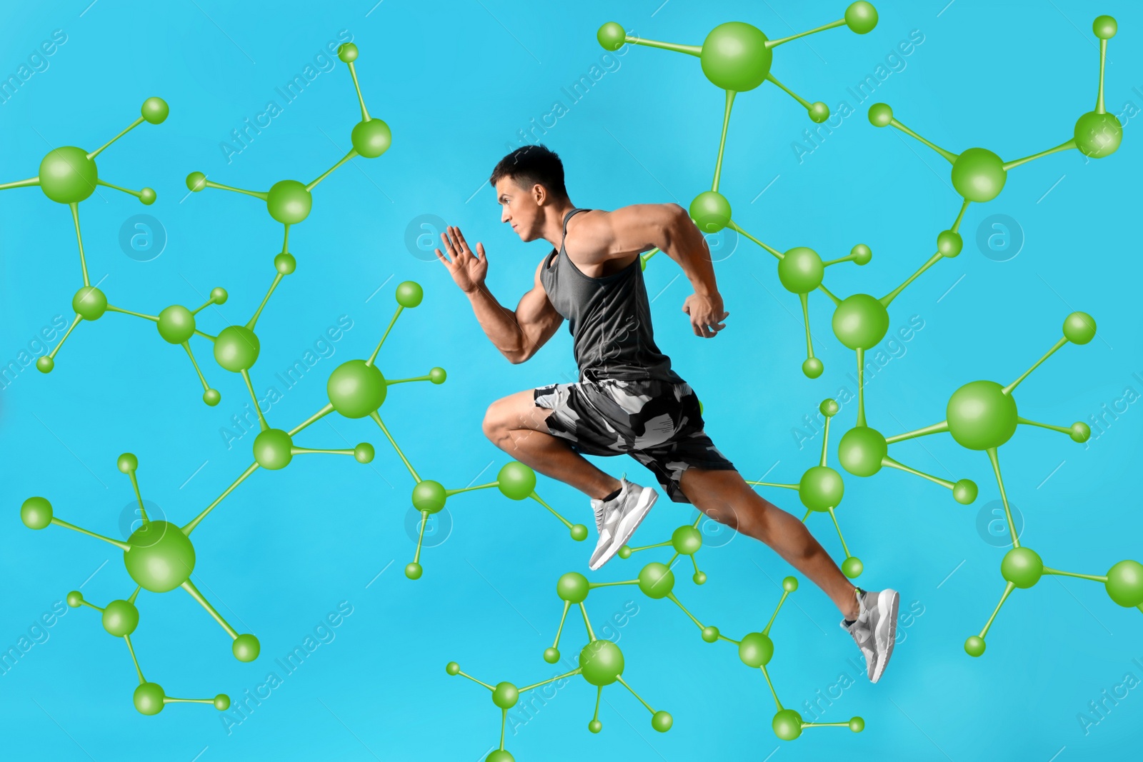 Image of Metabolism concept. Molecular chain illustration and athletic young man running on blue background 