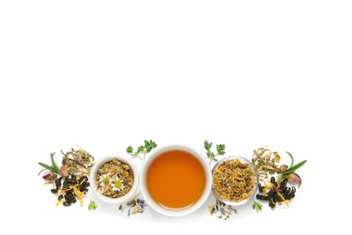 Composition with freshly brewed tea and dry leaves on white background, top view