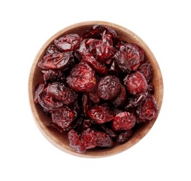 Dried cranberries in bowl isolated on white, top view