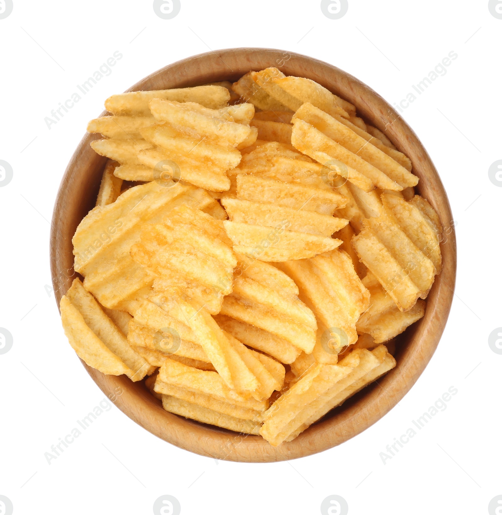 Photo of Bowl with delicious ridged potato chips isolated on white, top view