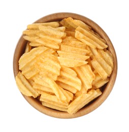 Bowl with delicious ridged potato chips isolated on white, top view