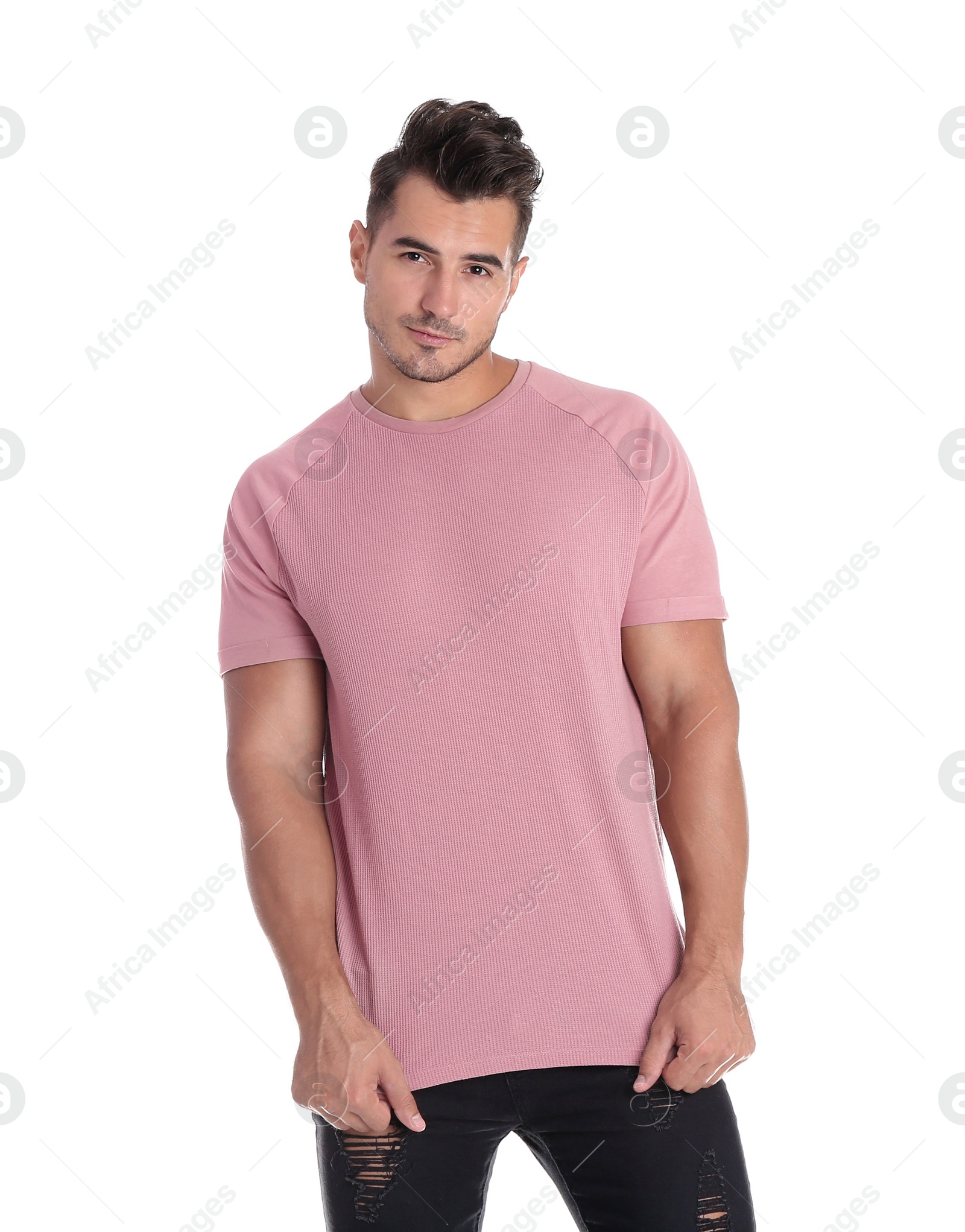 Photo of Young man in t-shirt on white background. Mockup for design