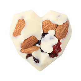 Tasty chocolate heart shaped candy with nuts on white background, top view