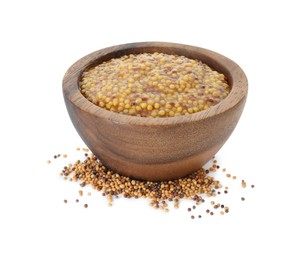 Photo of Fresh whole grain mustard in bowl and dry seeds isolated on white