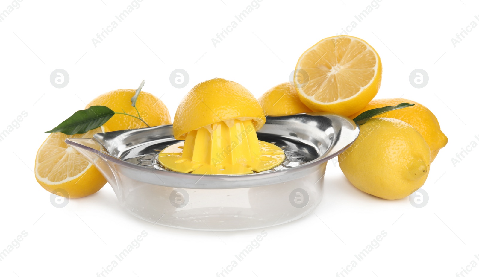 Photo of Squeezer and fresh lemons on white background