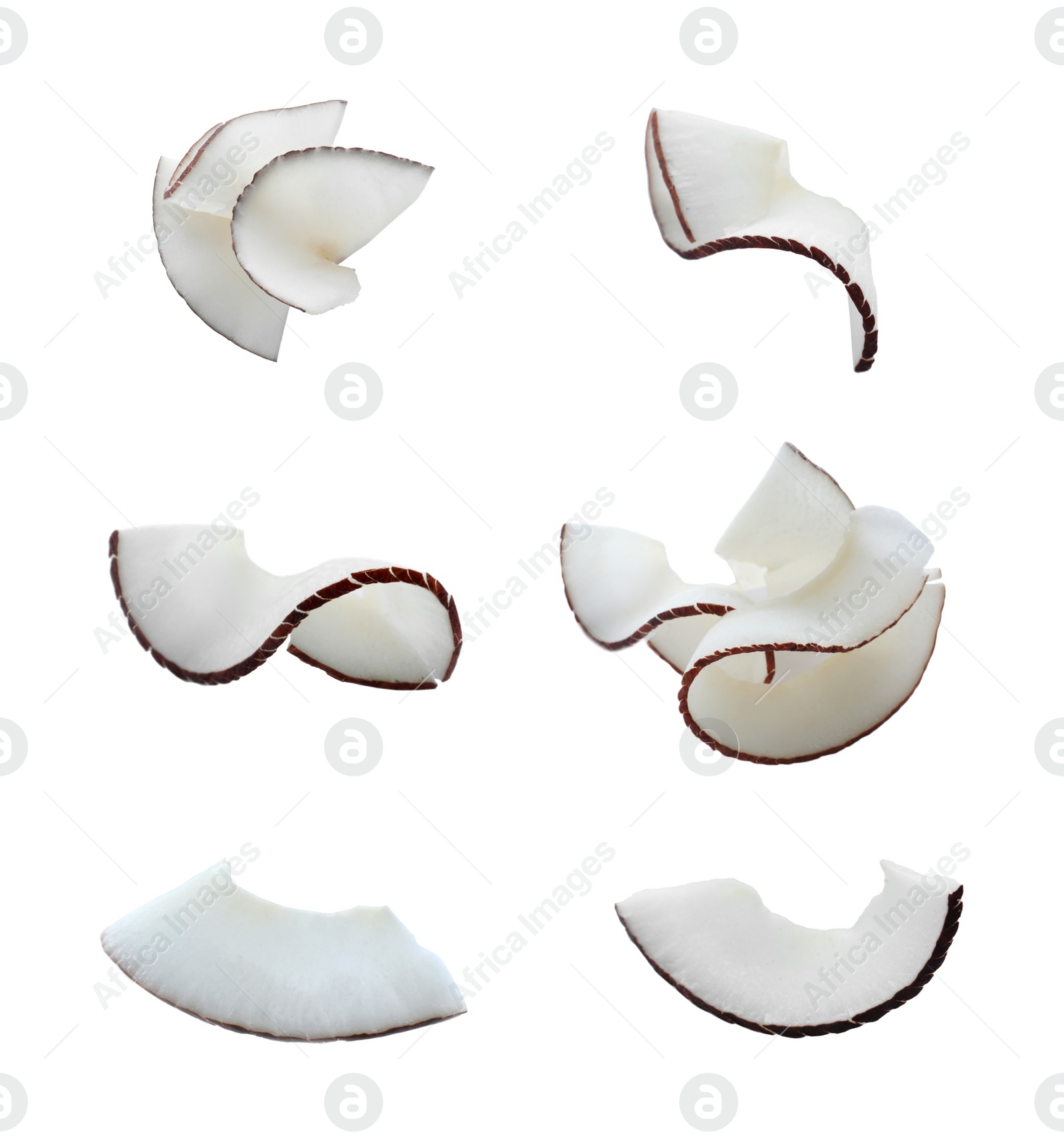 Image of Set with fresh coconut flakes isolated on white