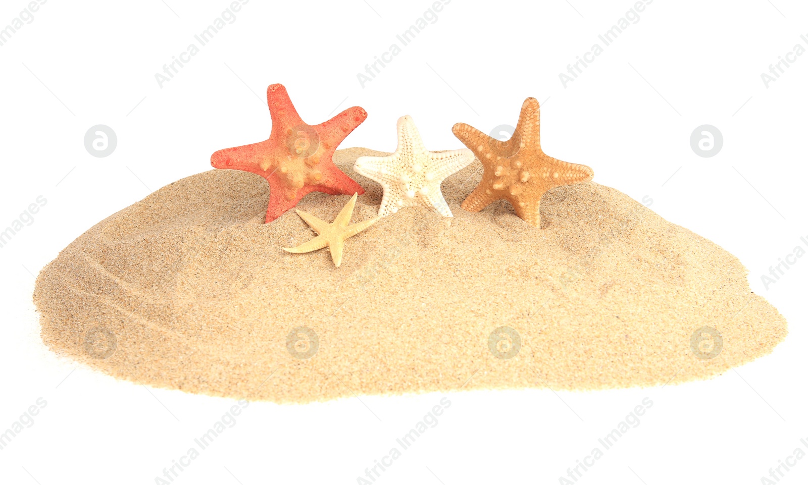 Photo of Sand with many beautiful sea stars isolated on white