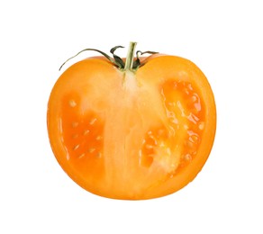 Photo of Half of fresh ripe yellow tomato isolated on white