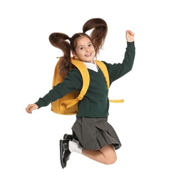 Photo of Little girl in stylish school uniform on white background