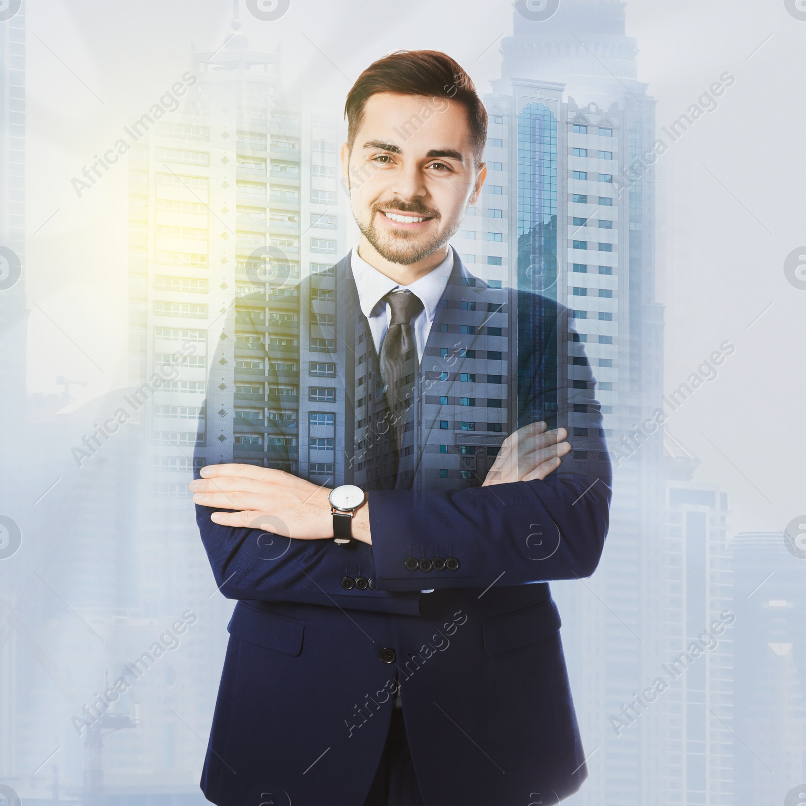 Image of Multiple exposure of confident architect and buildings