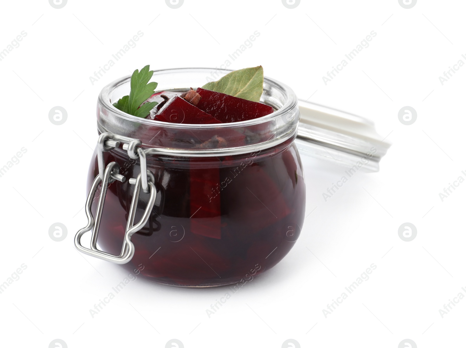 Photo of Pickled beets in jar isolated on white