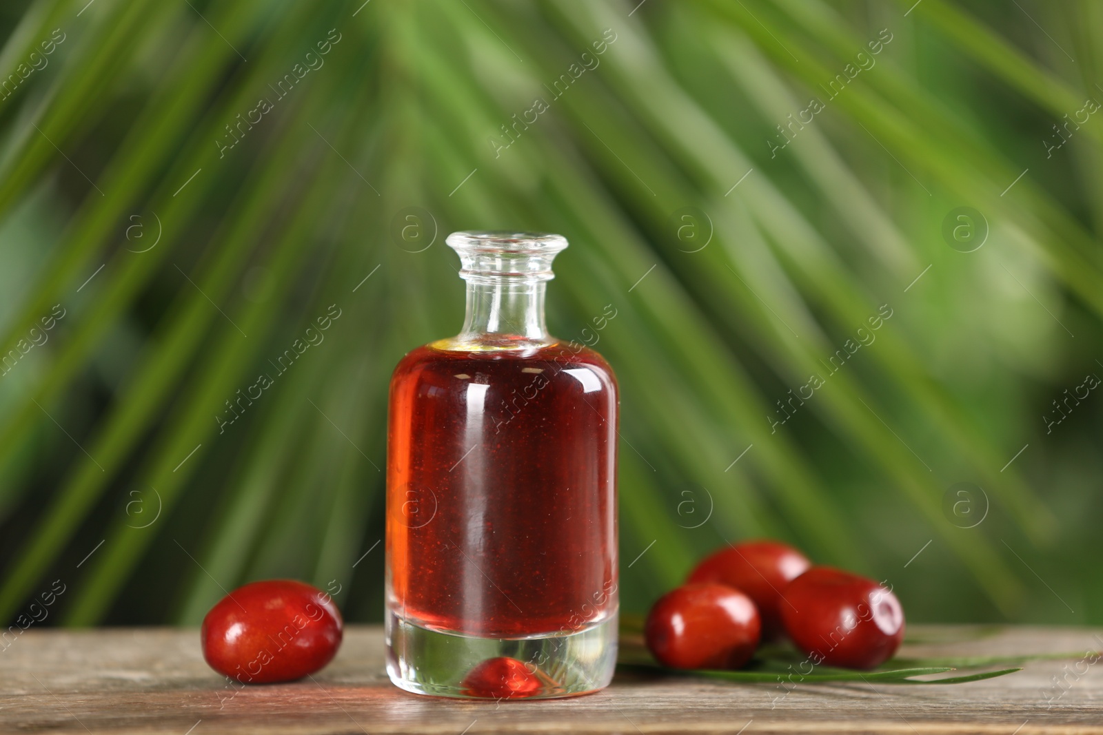 Photo of Palm oil in glass bottle, tropical leaf and fruits on wooden table