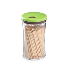 Holder with wooden toothpicks on white background