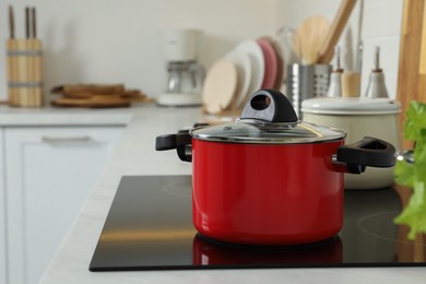 Photo of Red pot on electric stove in kitchen. Cooking utensil