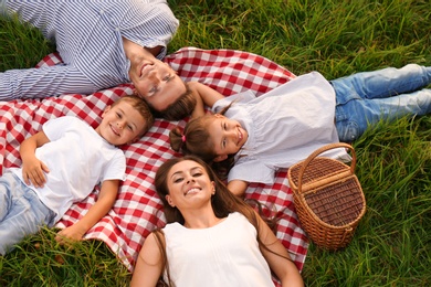 Happy family lying on picnic blanket in park, above view