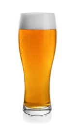 Glass of tasty light beer on white background