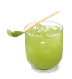 Photo of Glass of delicious iced green matcha tea and bamboo spoon with powder isolated on white