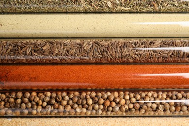 Glass tubes with different spices, closeup view