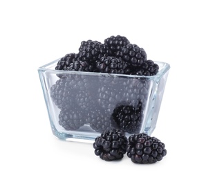 Glass bowl with blackberries on white background