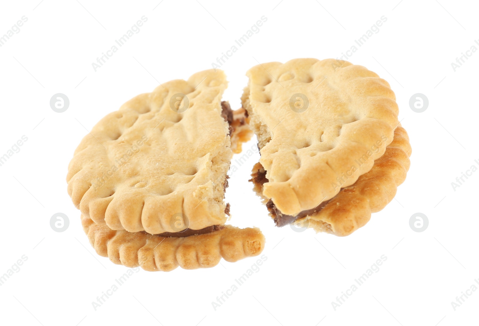 Photo of Broken tasty sandwich cookie with cream on white background