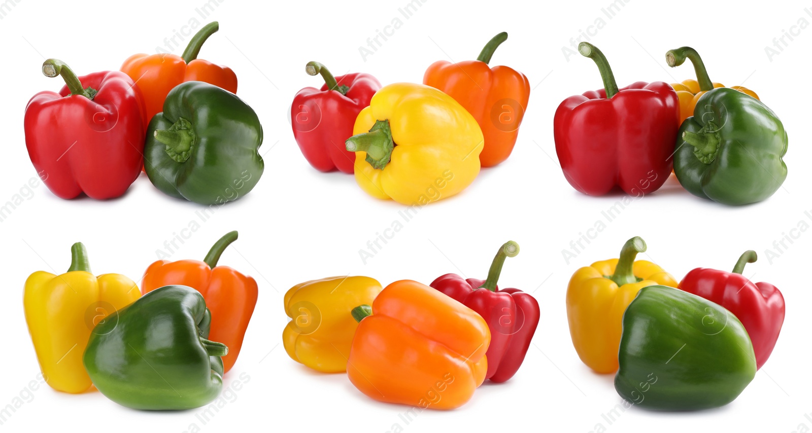 Image of Set of different ripe bell peppers on white background