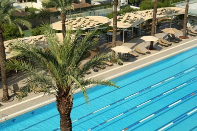 Outdoor swimming pool and tropical plants at luxury resort on sunny day