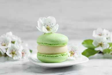 Photo of Green macaron and flowers on white marble table