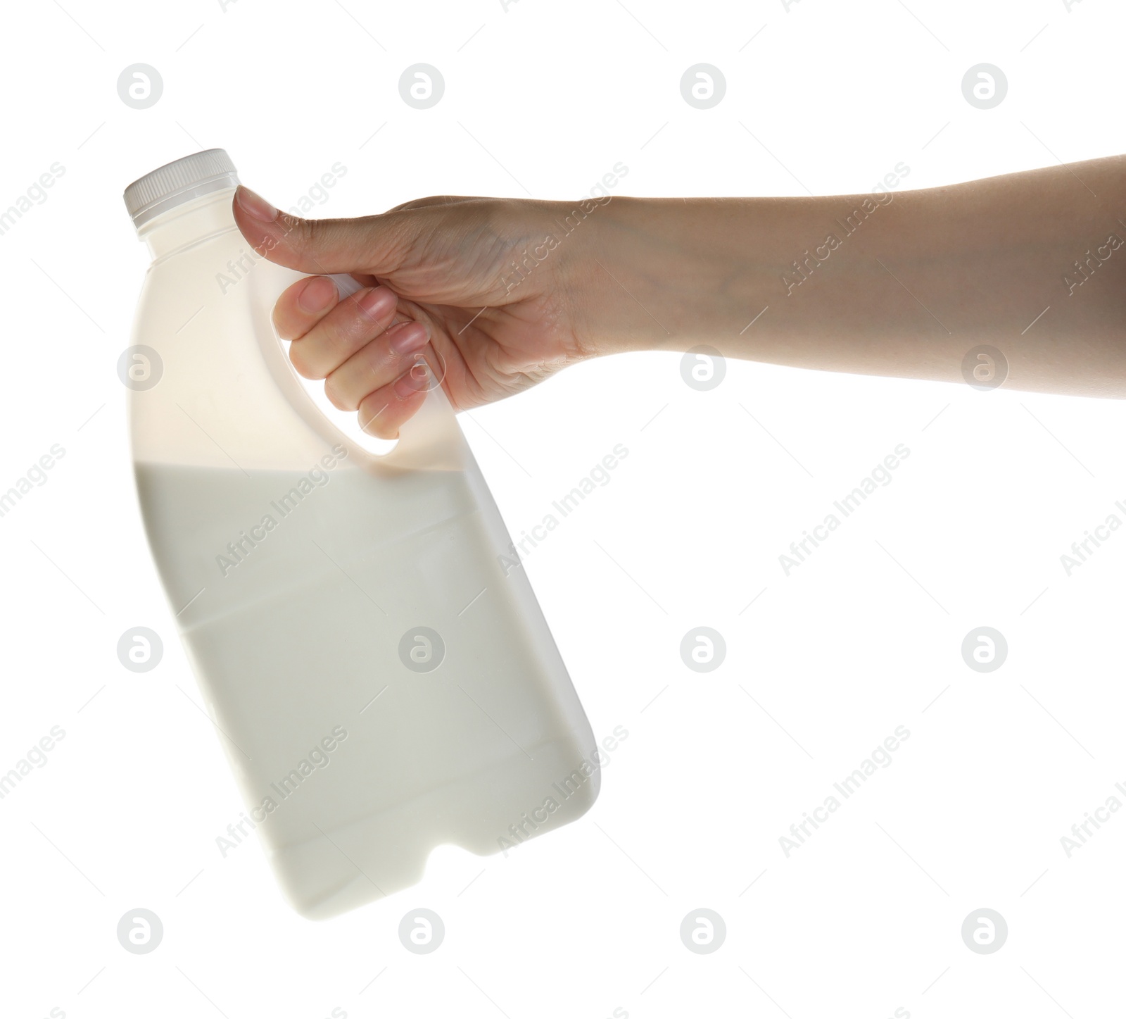 Photo of Woman holding gallon bottle of milk on white background, closeup