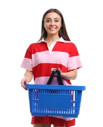 Photo of Young woman with empty shopping basket isolated on white