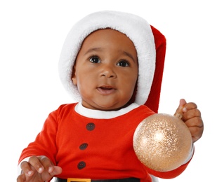 Cute African-American baby wearing festive Christmas costume on white background