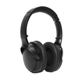 Photo of Modern black wireless headphones isolated on white