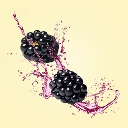 Image of Fresh blackberries and juice in air on pastel yellow background