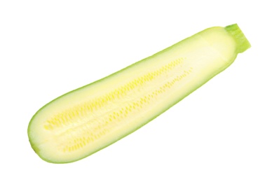 Photo of Half of ripe zucchini isolated on white, top view