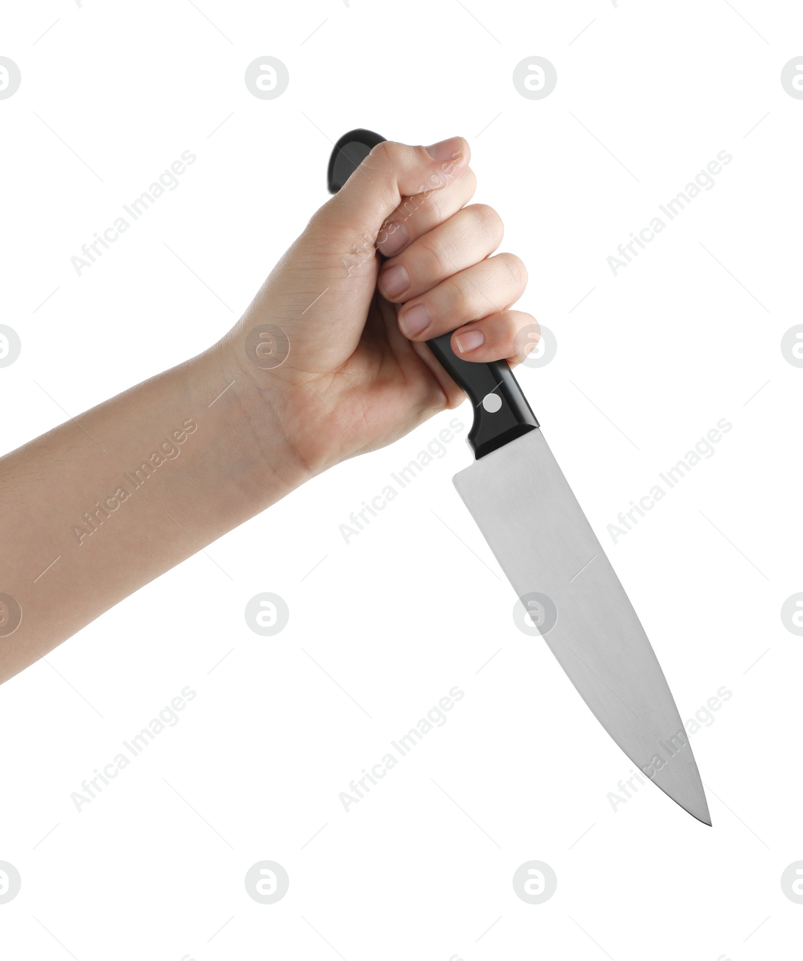 Photo of Woman holding knife on white background, closeup