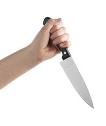 Photo of Woman holding knife on white background, closeup