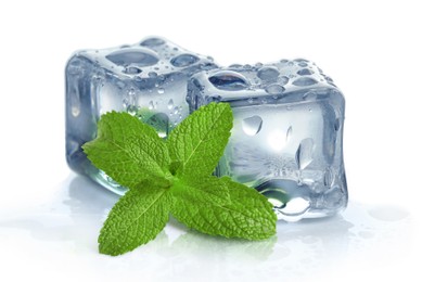 Image of Green mint and ice cubes isolated on white