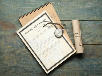 Photo of Last Will and Testament, notebook, pocket watch and glasses on rustic wooden table, flat lay