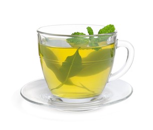 Fresh green tea in glass cup, mint and saucer isolated on white