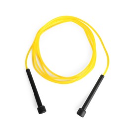 Yellow skipping rope with black handles isolated on white, top view