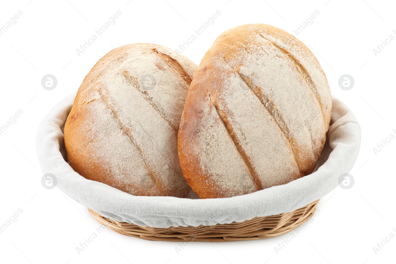 Photo of Wicker basket with fresh bread isolated on white