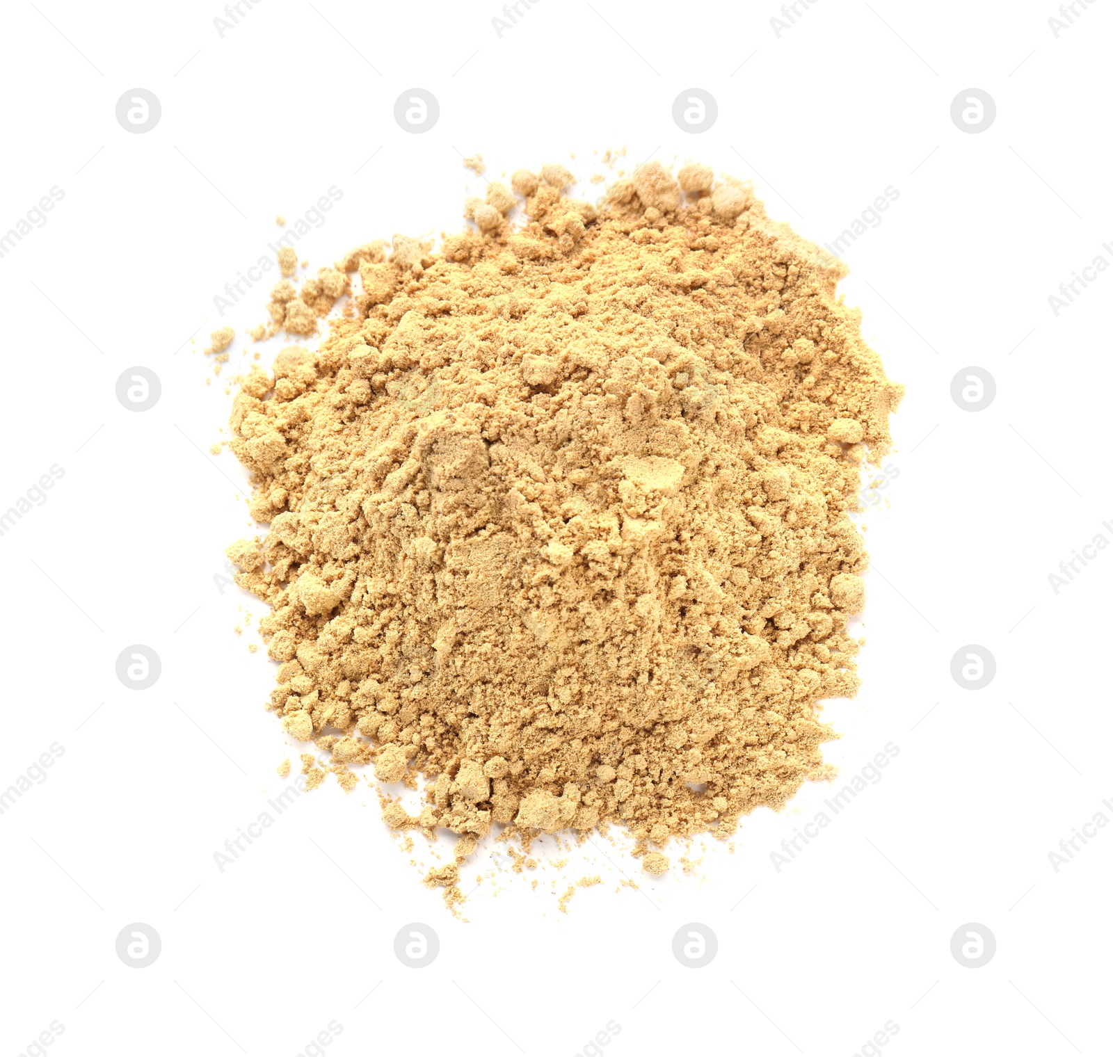 Photo of Heap of aromatic mustard powder on white background, top view