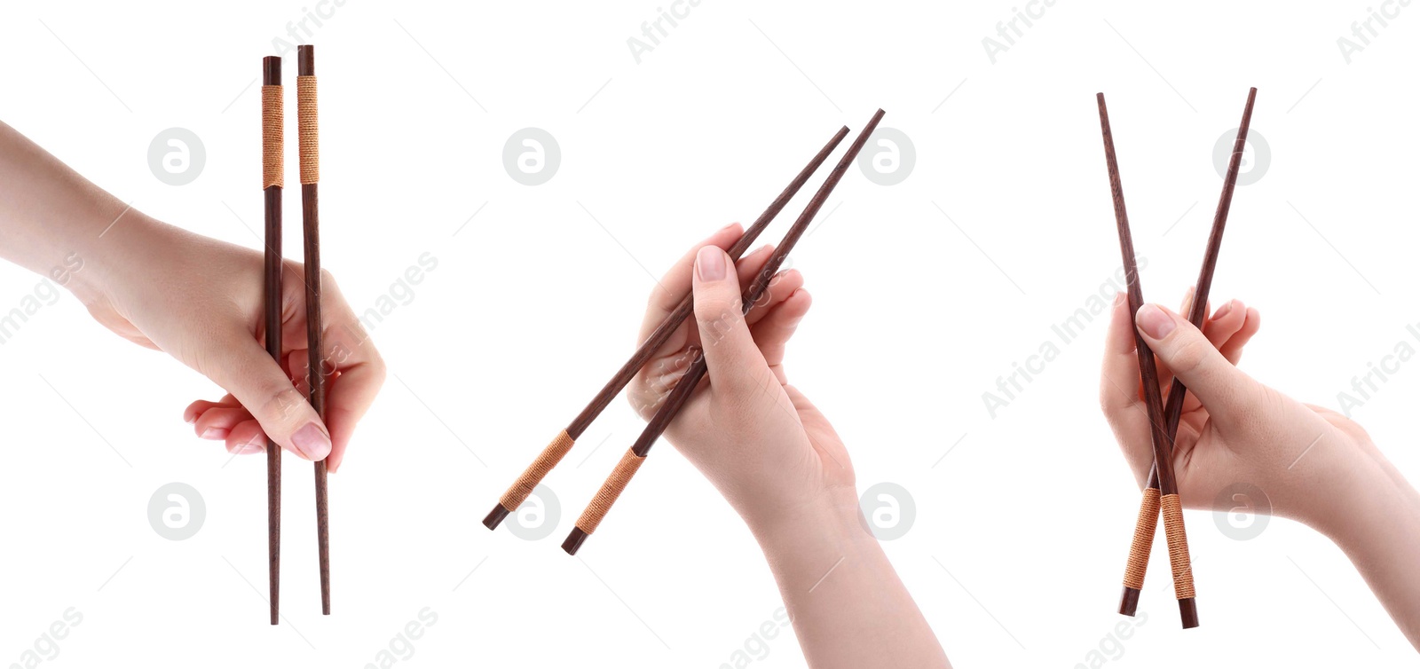 Image of Woman holding chopsticks isolated on white, closeup. Collage with photos