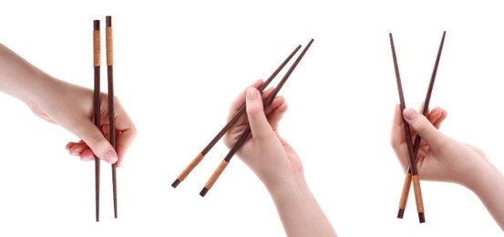 Image of Woman holding chopsticks isolated on white, closeup. Collage with photos