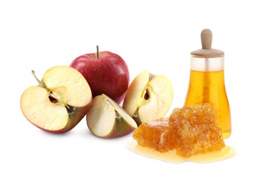 Natural sweet honey and tasty fresh apples on white background